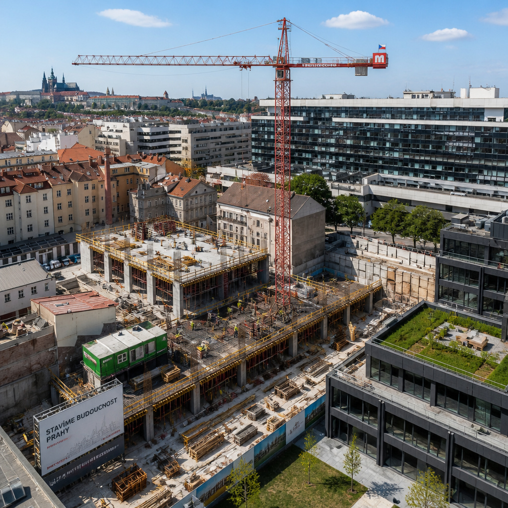 A construction site with a tower crane in Prague, with Prague Castle in the background and a billboard reading "Stavíme budoucnost Prahy".